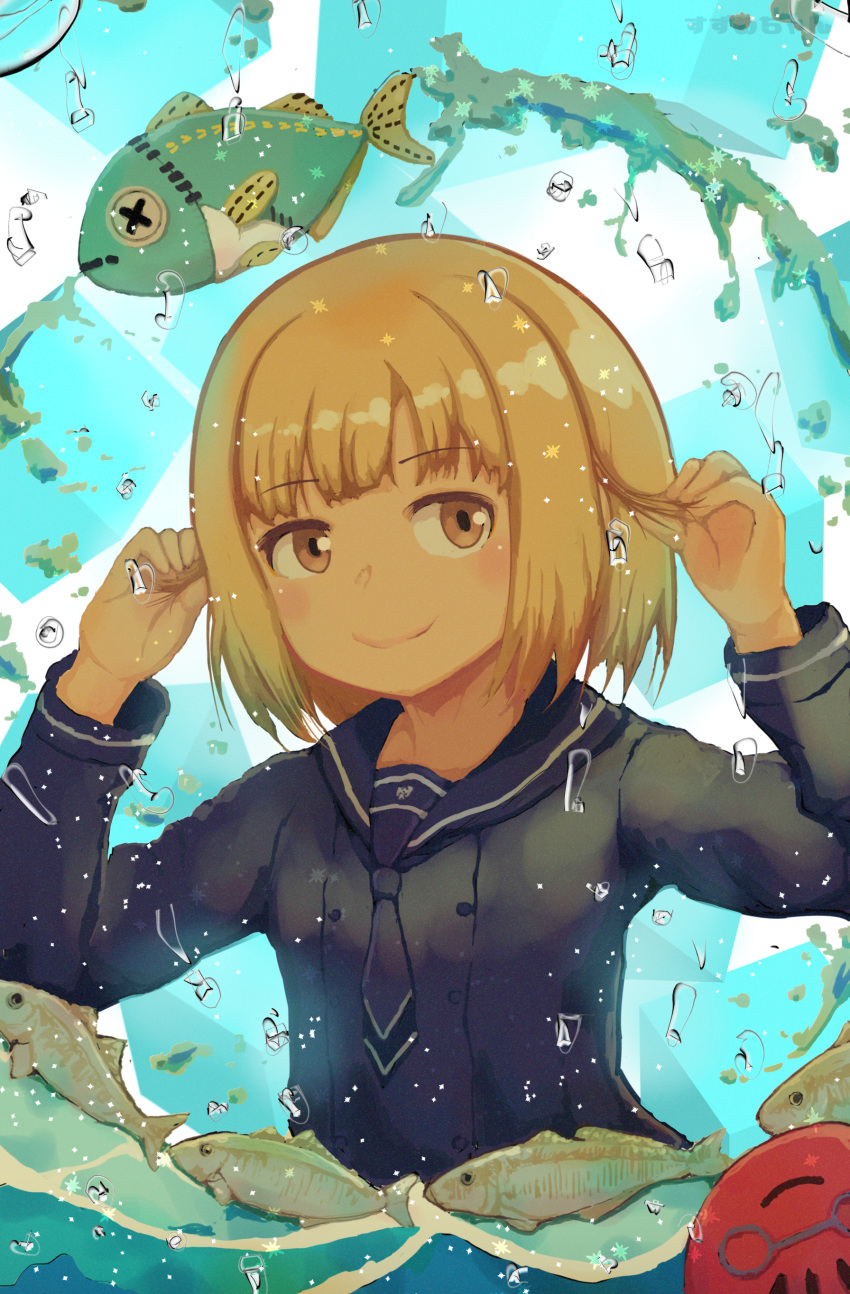 1girl, absurdres, amasuzume, blonde_hair, blush, brown_eyes, fish, hands_up