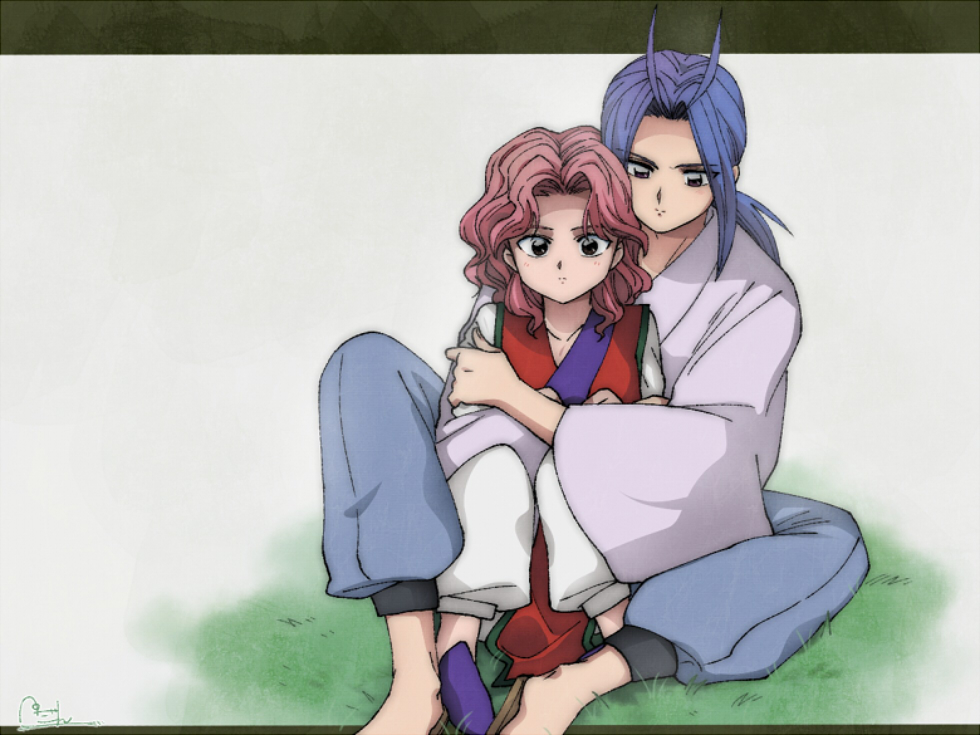 1boy, 1girl, antenna_hair, brown_eyes, couple, genkai, grass, grey_hair