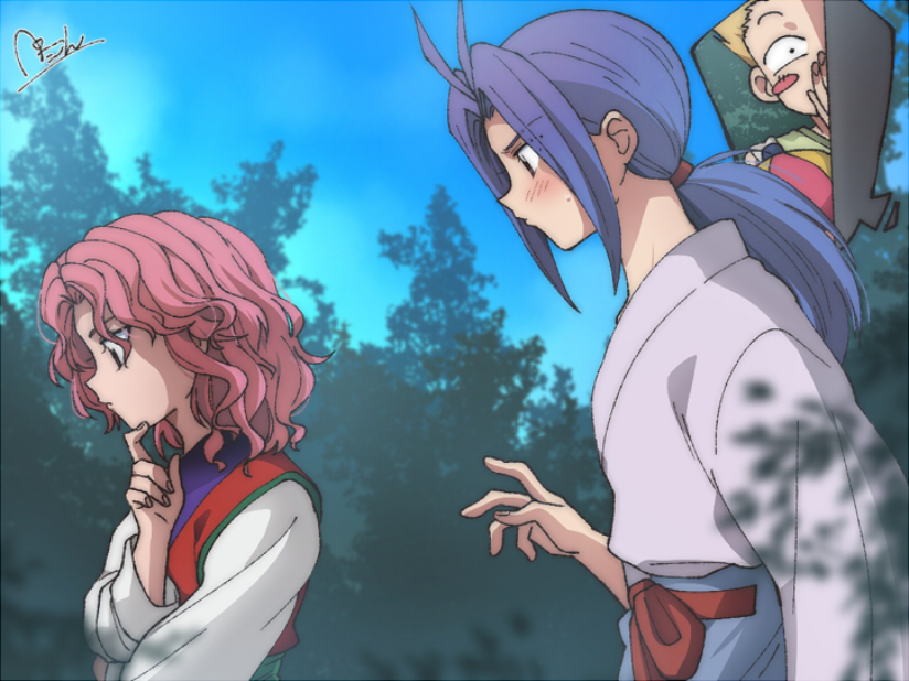 2boys, antenna_hair, blonde_hair, blush, blush_stickers, genkai, grey_hair, hat