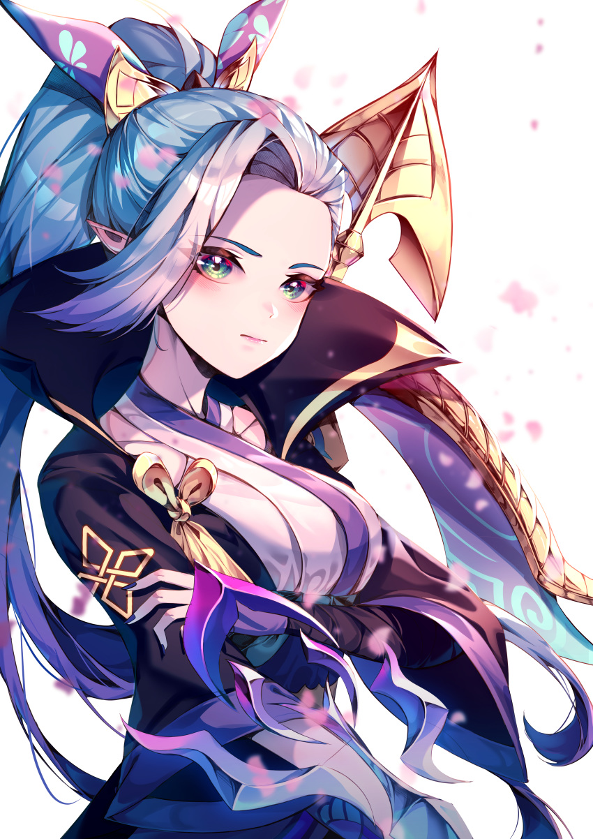 1girl, absurdres, arms_under_breasts, black_hair, black_nails, blue_eyes, blue_hair, blush