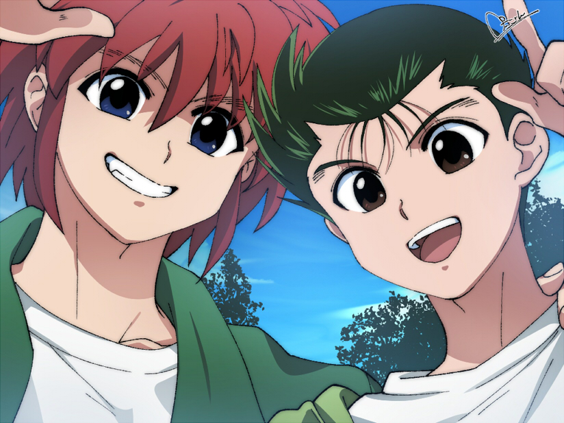 2boys, black_hair, blue_eyes, brown_eyes, collarbone, face, fang, green_jacket, jacket, jin_kaze_tsukai, looking_at_viewer, male_focus, multiple_boys, open_mouth, petagon, redhead, shirt, short_hair, sidelocks, sky, teeth, upper_body, urameshi_yuusuke, white_shirt, yuu_yuu_hakusho