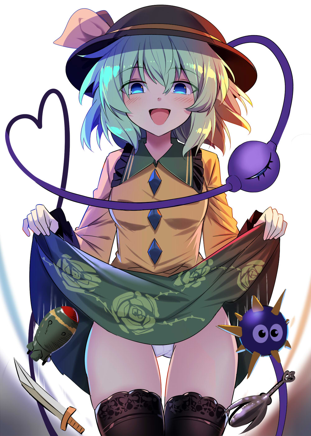 1girl, :d, black_headwear, black_legwear, blue_eyes, bomb, collared_shirt, commentary, cowboy_shot, e.o., eyebrows_visible_through_hair, floral_print, frilled_sleeves, frills, green_hair, green_skirt, half-closed_eyes, hat, hat_ribbon, heart, heart_of_string, highres, knife, komeiji_koishi, lifted_by_self, long_sleeves, looking_at_viewer, medium_hair, medium_skirt, motion_blur, open_mouth, panties, print_skirt, ribbon, shirt, skirt, skirt_lift, smile, solo, spiked_ball, thigh-highs, thigh_gap, third_eye, touhou, underwear, white_background, white_panties, yellow_ribbon, yellow_shirt