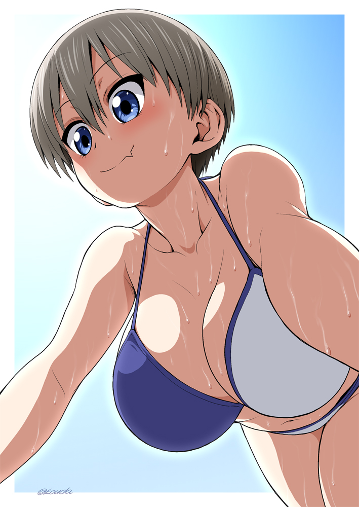 1girl, bikini, blue_bikini, blue_eyes, breasts, eyebrows_visible_through_hair, fang, from_below, grey_hair, hair_between_eyes, hanging_breasts, kouda_tomohiro, large_breasts, looking_at_viewer, looking_down, multicolored, multicolored_bikini, multicolored_clothes, navel, short_hair, simple_background, skin_fang, smile, solo, solo_focus, sweat, swimsuit, uzaki-chan_wa_asobitai!, uzaki_hana, white_bikini