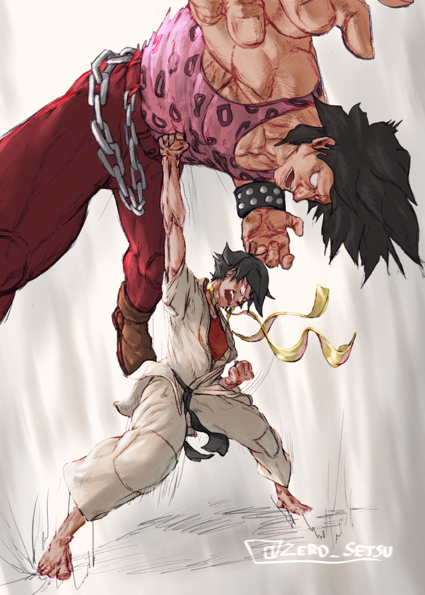 1boy, 1girl, animal_print, barefoot, belt, black_belt, black_hair, chain