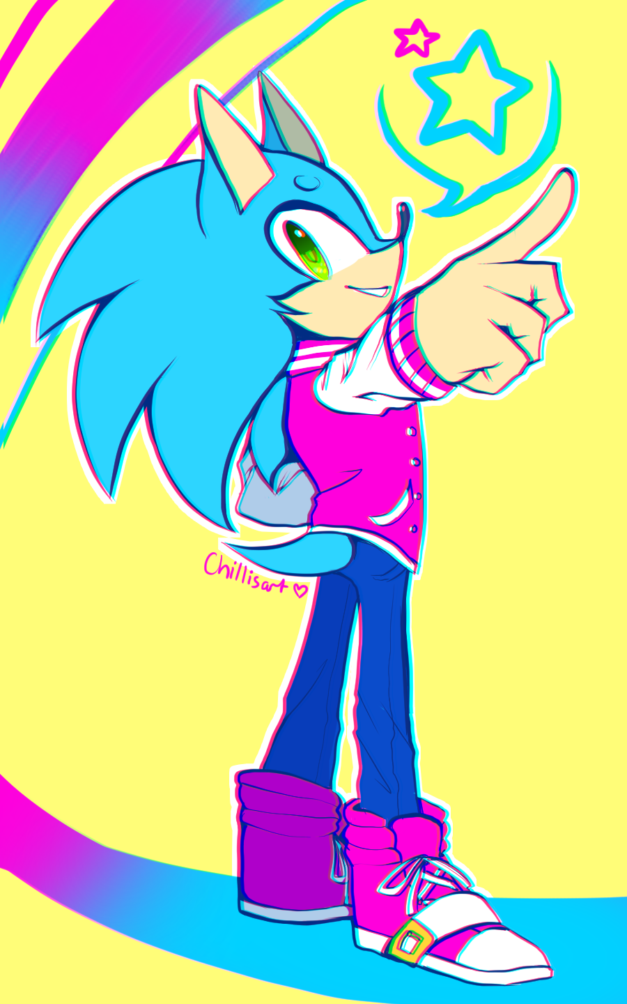 1boy, alternate_costume, animal_ears, arm_up, artist_name, blue_hair, blue_pants, chillisart
