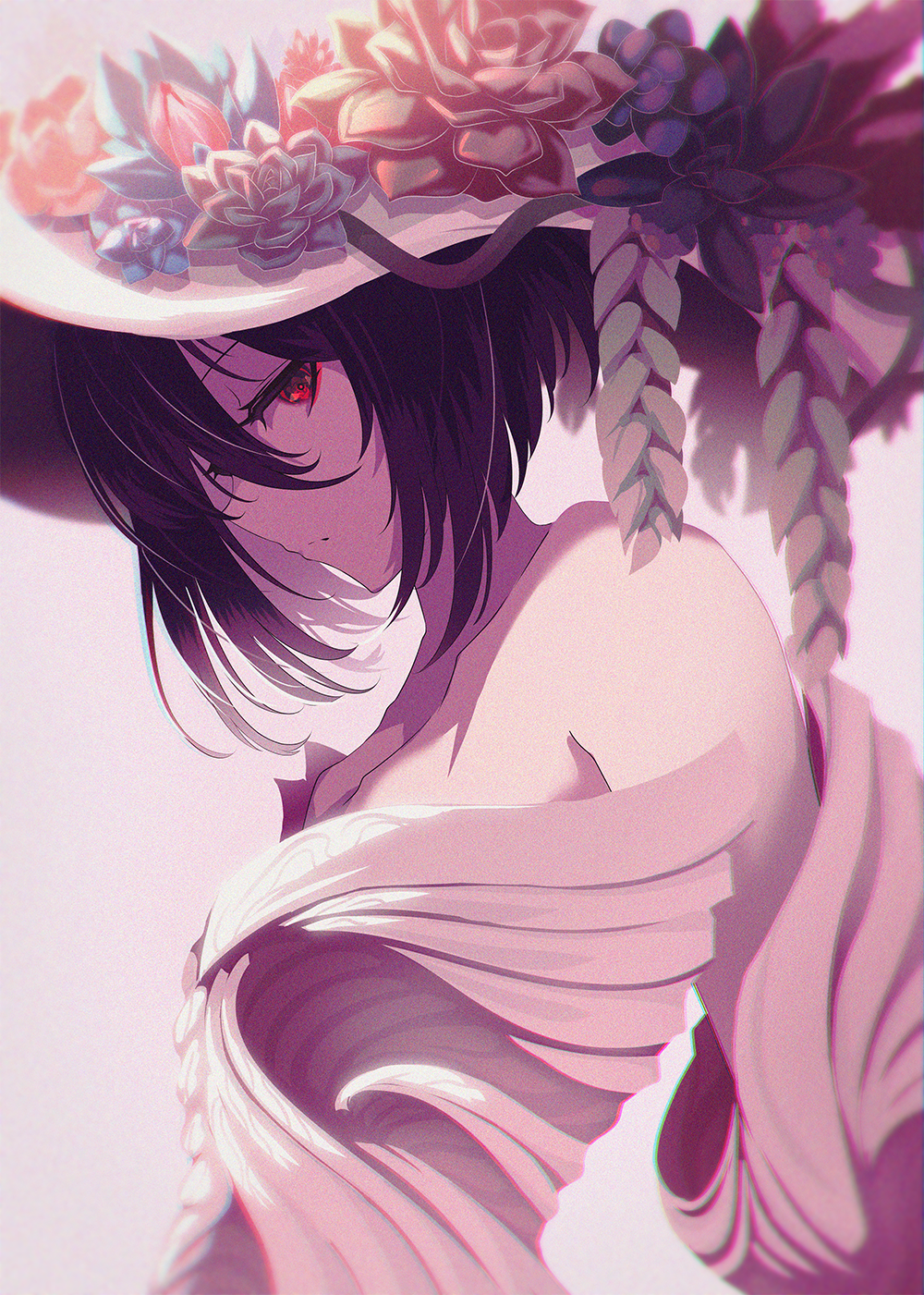 1girl, bangs, bare_shoulders, berryverrine, black_hair, closed_mouth, dress, flower
