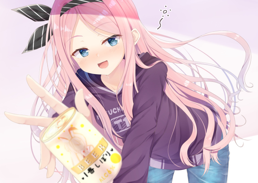 1girl, :d, absurdres, all_fours, bangs, beer_can, black_hairband, black_ribbon