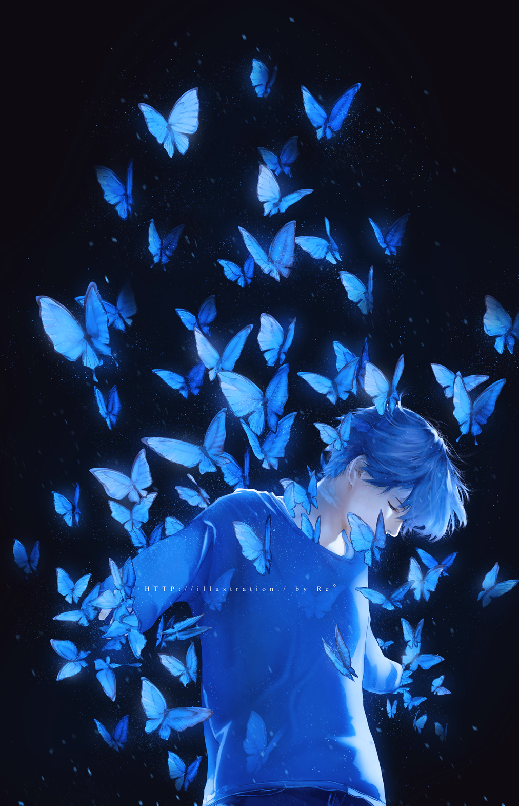 1boy, artist_name, backlighting, blue_butterfly, blue_hair, blue_shirt, blue_theme, blurry, blurry_foreground, bug, butterfly, closed_mouth, covered_mouth, dark_background, darkness, denim, depth_of_field, expressionless, eyebrows_visible_through_hair, eyelashes, fingernails, glowing, head_down, highres, insect, jeans, light_particles, long_sleeves, male_focus, motion_blur, original, outstretched_arms, pants, profile, rido_(ridograph), shaded_face, shirt, sleeves_past_wrists, standing, too_many_butterflies, upper_body