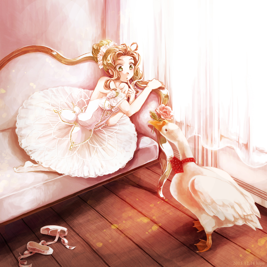 1girl, :o, bird, brown_hair, commentary_request, couch, curtains, dated