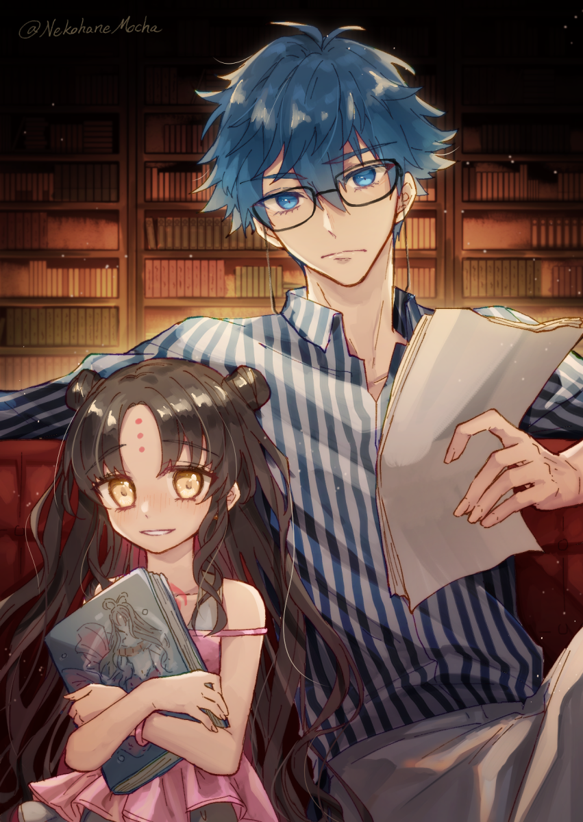 1boy, 1girl, age_difference, bangs, black-framed_eyewear, blue_eyes, blue_hair, book