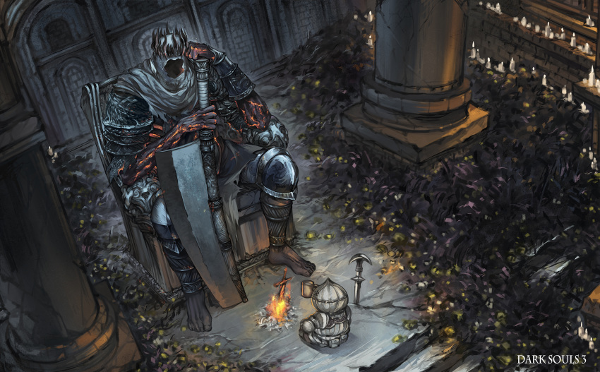 2boys, armor, barefoot, bracer, breastplate, candle, capelet, cleaver, copyright_name, crown, cup, dark_souls_iii, dkaki, embers, faceless, faceless_male, facing_another, fire, flame, full_armor, full_body, giant, grey_capelet, hand_up, hands_on_hilt, helm, helmet, highres, holding, holding_cup, hood, hood_up, huge_weapon, knight, leg_armor, male_focus, mug, multiple_boys, pauldrons, pillar, planted_sword, planted_weapon, shoulder_armor, siegward_of_catarina, sitting, size_difference, souls_(from_software), spaulders, storm_ruler_(weapon), sword, throne, throne_room, weapon, yhorm_the_giant
