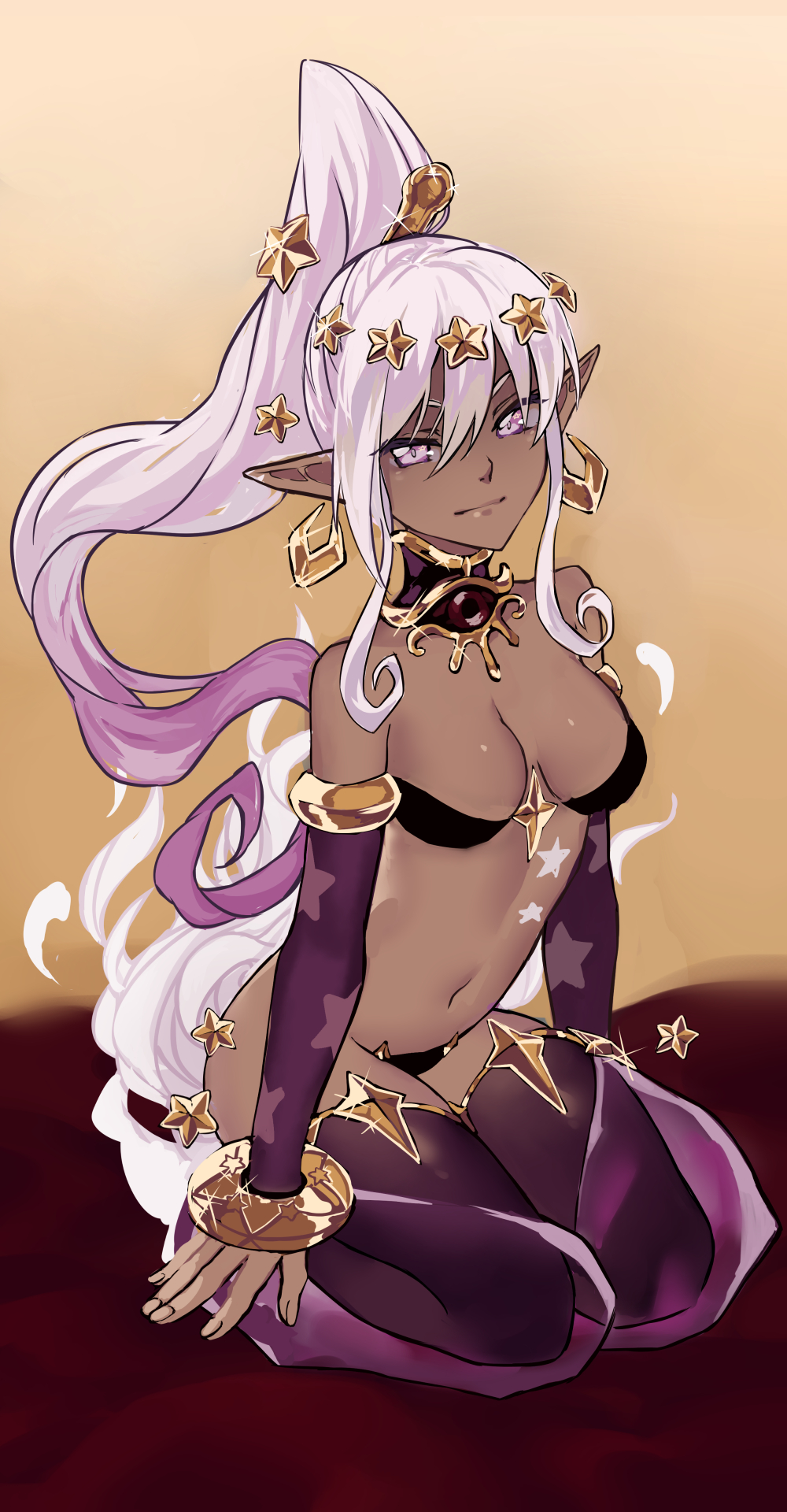 1girl, bangs, bare_shoulders, beige_background, black_legwear, breasts, commentary, dark_skin, detached_sleeves, earrings, english_commentary, full_body, genie_(monster_girl_encyclopedia), gradient_hair, hair_between_eyes, hair_ornament, highres, jewelry, long_hair, looking_at_viewer, medium_breasts, monster_girl_encyclopedia, multicolored_hair, navel, pink_eyes, pointy_ears, ponytail, purple_hair, seiza, sidelocks, simple_background, sitting, solo, star_(symbol), star_hair_ornament, thigh-highs, very_long_hair, white_hair, zakirsiz