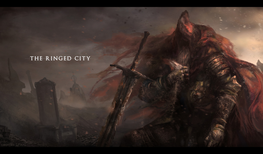 1boy, armor, artist_name, beard, cape, chipped_sword, clenched_hand, commentary