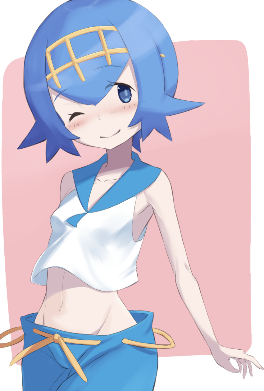 1girl, blue_eyes, blue_hair, blue_pants, blush, closed_mouth, collarbone, commentary_request, eyebrows_visible_through_hair, freckles, gold_hairband, highres, nakami_cheese, navel, one_eye_closed, pants, pokemon, pokemon_(game), pokemon_sm, sailor_collar, shirt, short_hair, sleeveless, sleeveless_shirt, smile, solo, suiren_(pokemon), two-tone_background