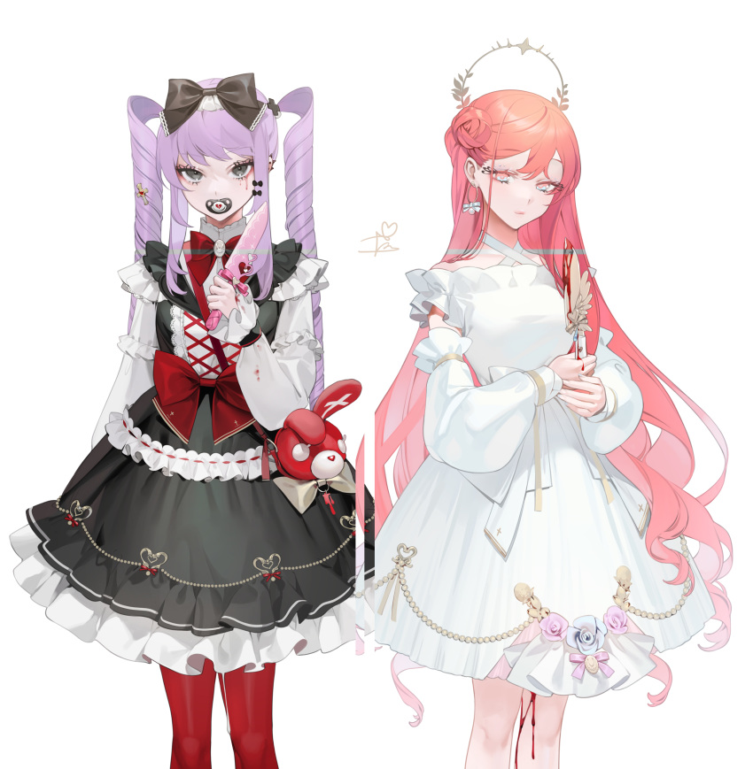2girls, absurdres, arm_at_side, bag, bangs, bare_shoulders, black_bow, black_dress