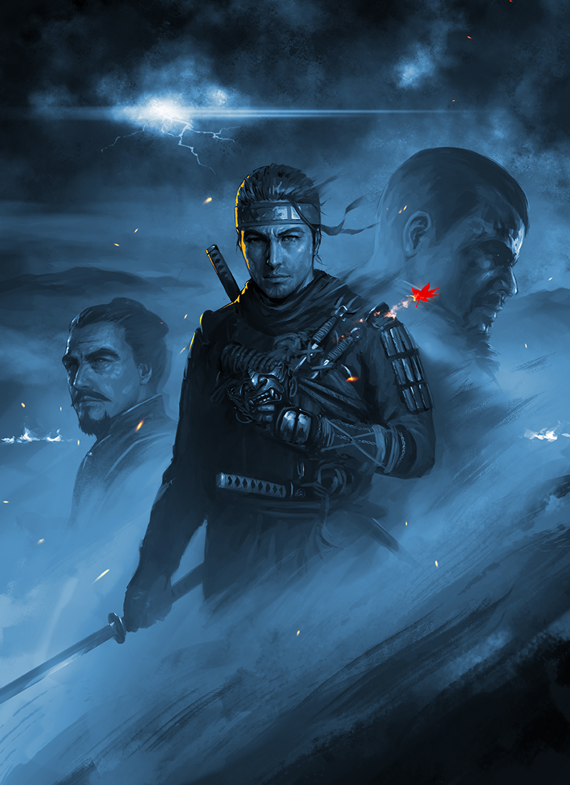 3boys, armor, beard, blue_theme, buzz_cut, clouds, cloudy_sky, embers