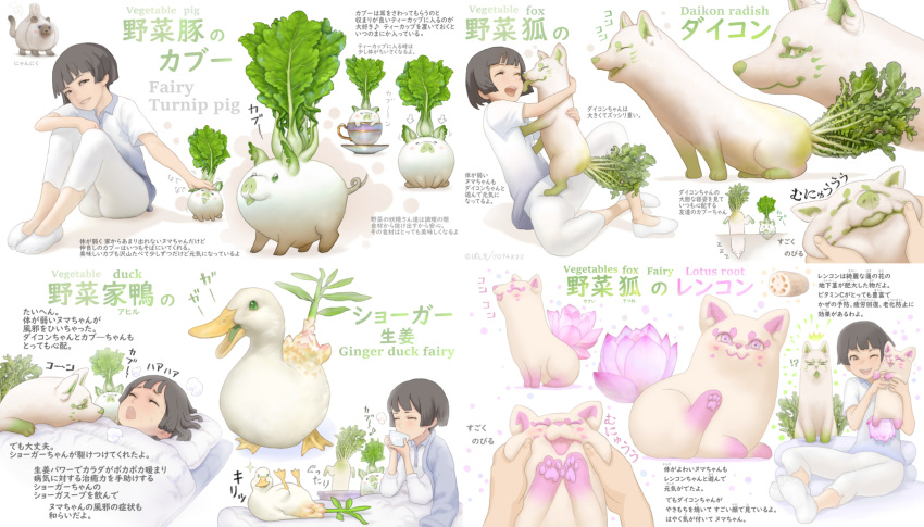 1girl, animal, bird, cat, cheek_pinching, commentary_request, cup, duck