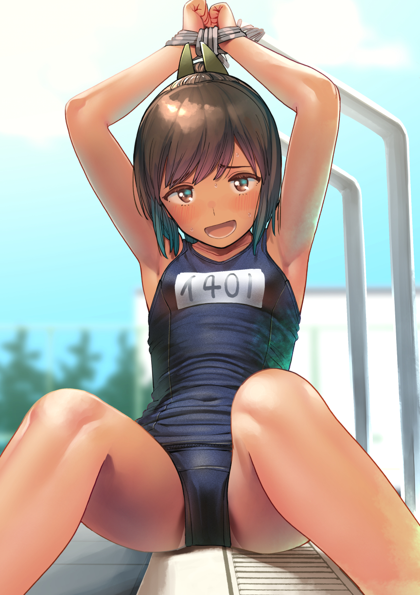 1girl, armpits, black_swimsuit, blush, brown_eyes, brown_hair, collarbone, feet_out_of_frame