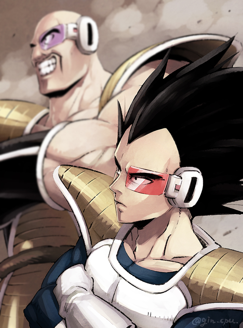 2boys, armor, bald, black_eyes, black_hair, blurry, blurry_background, closed_mouth, commentary_request, crossed_arms, dragon_ball, dragon_ball_z, gloves, kamimura_(gin_cpu), male_focus, multiple_boys, muscle, nappa, scouter, teeth, vegeta, watermark, white_gloves