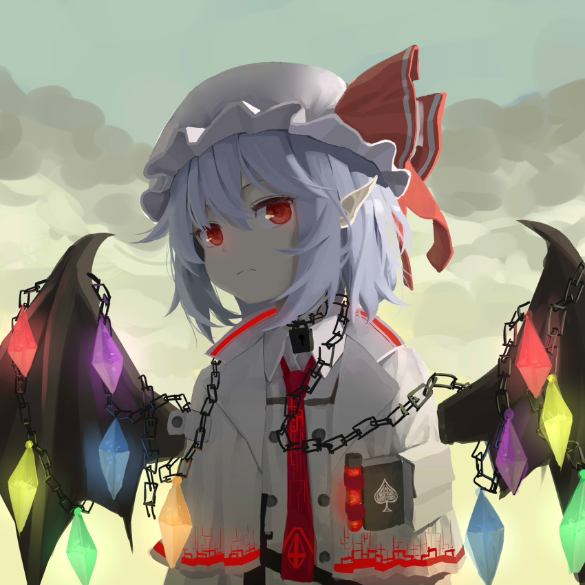 1girl, adapted_costume, alternate_costume, backlighting, bangs, bat_wings, bow, buttons