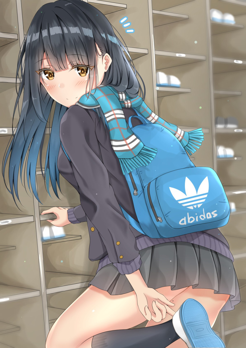 1girl, ass, backpack, bag, bangs, black_cardigan, black_hair, black_jacket