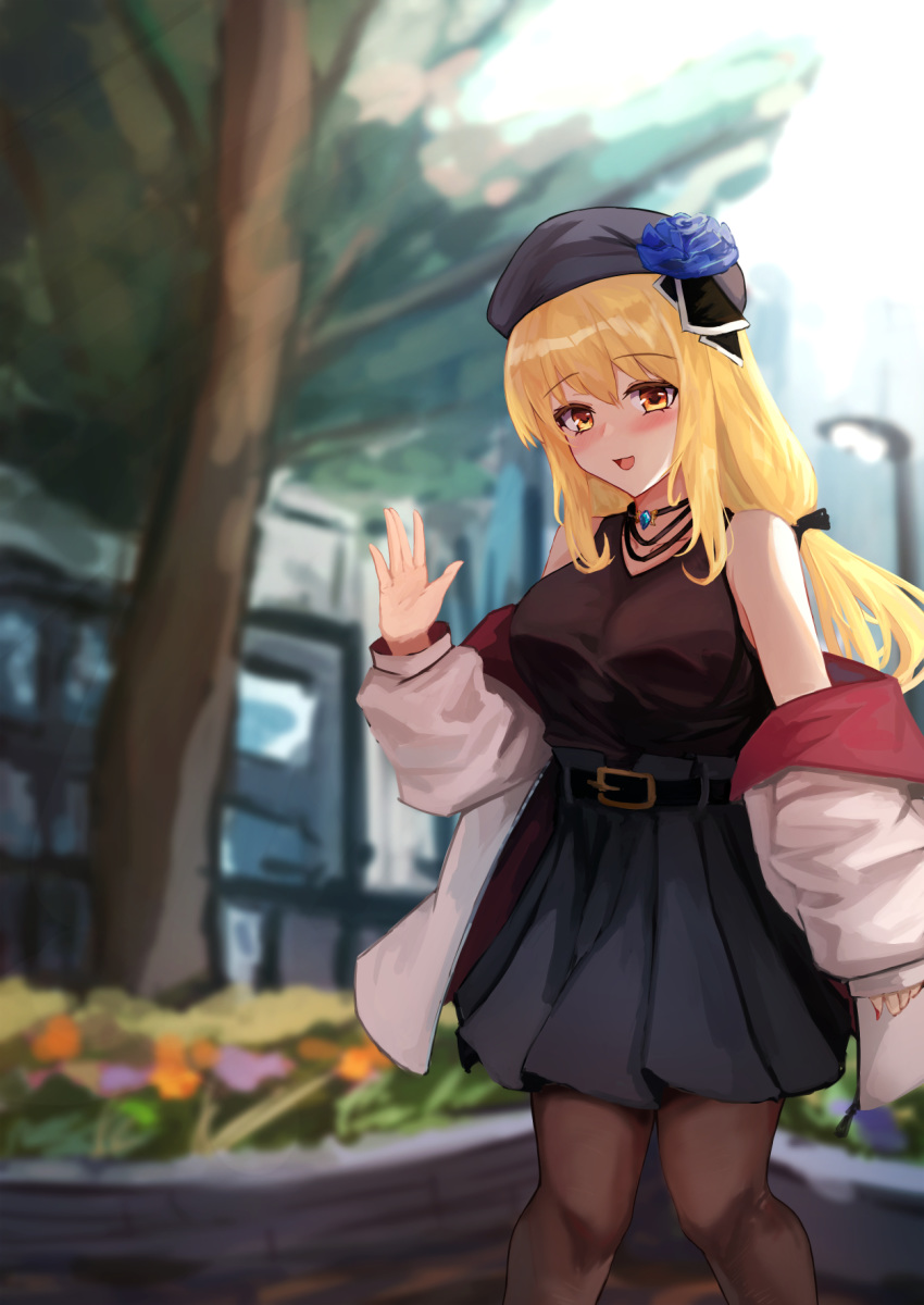 1girl, bare_shoulders, belt, beret, black_shirt, blonde_hair, blue_flower, blue_headwear