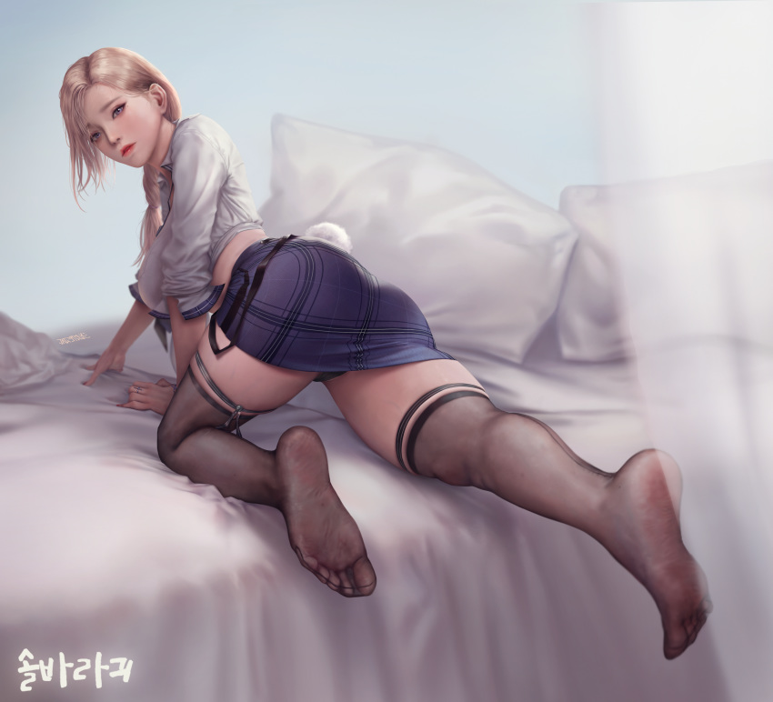 1girl, absurdres, all_fours, ass, bed_sheet, black_eyes, black_legwear, black_panties