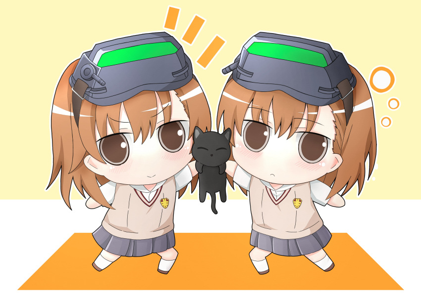 2girls, absurdres, black_cat, brown_eyes, brown_hair, cat, chibi, commentary_request