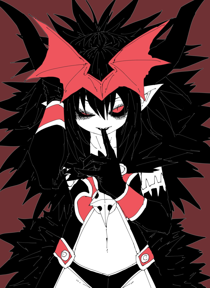 1girl, black_fur, black_gloves, black_hair, black_sclera, demon_girl, elbow_gloves, finger_to_mouth