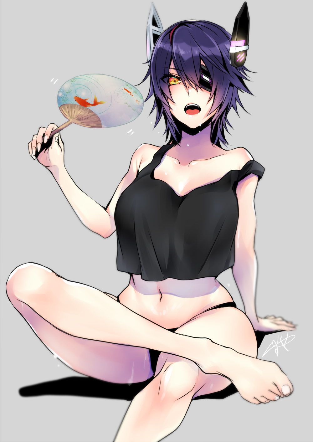 1girl, barefoot, black_panties, black_tank_top, breasts, chikage_(blackclownery), commentary_request, eyepatch