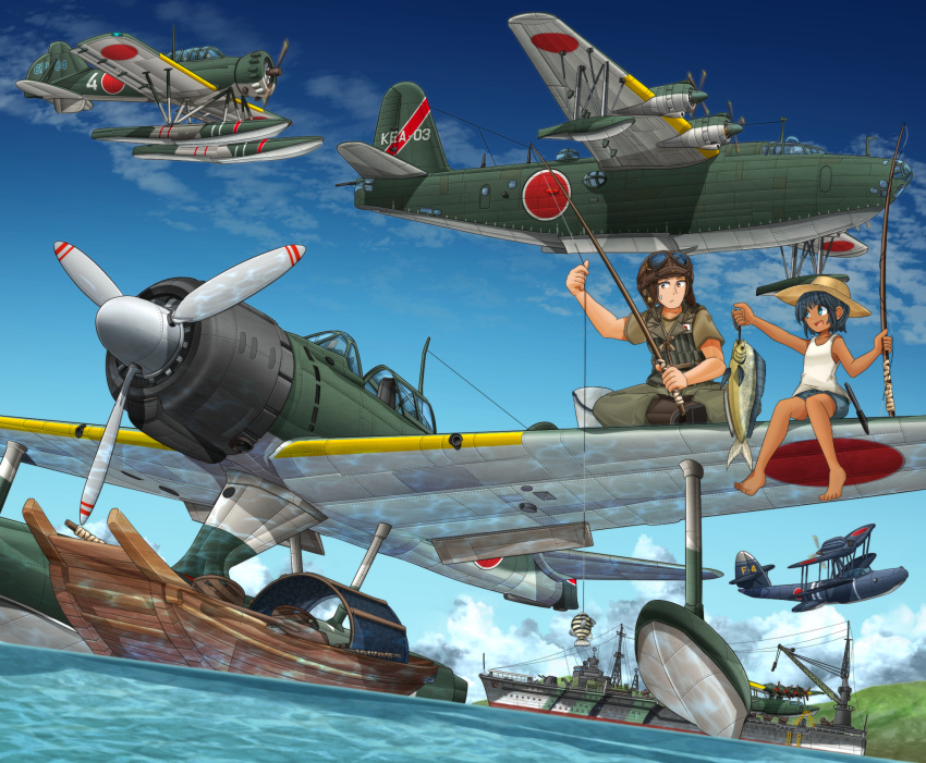 1boy, 1girl, a6m2-n, aircraft, airplane, akitsushima_(seaplane_tender), aviator_cap, bangs, barefoot, black_hair, black_headwear, blue_shorts, blue_sky, boots, brown_footwear, brown_headwear, brown_pants, brown_shirt, bucket, closed_mouth, clouds, cloudy_sky, commentary_request, day, fish, fishing, fishing_rod, flight_goggles, frown, goggles, goggles_on_headwear, h8k, hat, highres, looking_at_another, mikeran_(mikelan), military, military_uniform, military_vehicle, ocean, open_mouth, original, outdoors, pants, partial_commentary, roundel, ship, shirt, short_hair, shorts, sitting, sky, smile, sun_hat, sweatdrop, tan, tank_top, uniform, vehicle_request, watercraft, white_shirt, world_war_ii