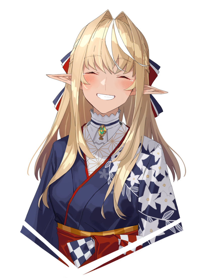 ^_^, bangs, blonde_hair, blue_kimono, blush, bow, closed_eyes, dark_skin