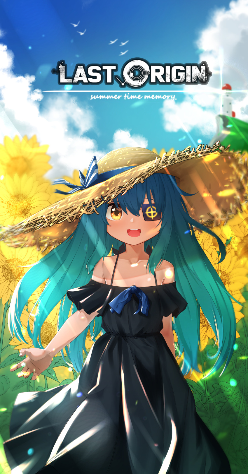 1girl, absurdres, bird, black_dress, blue_hair, blurry, breasts, clouds