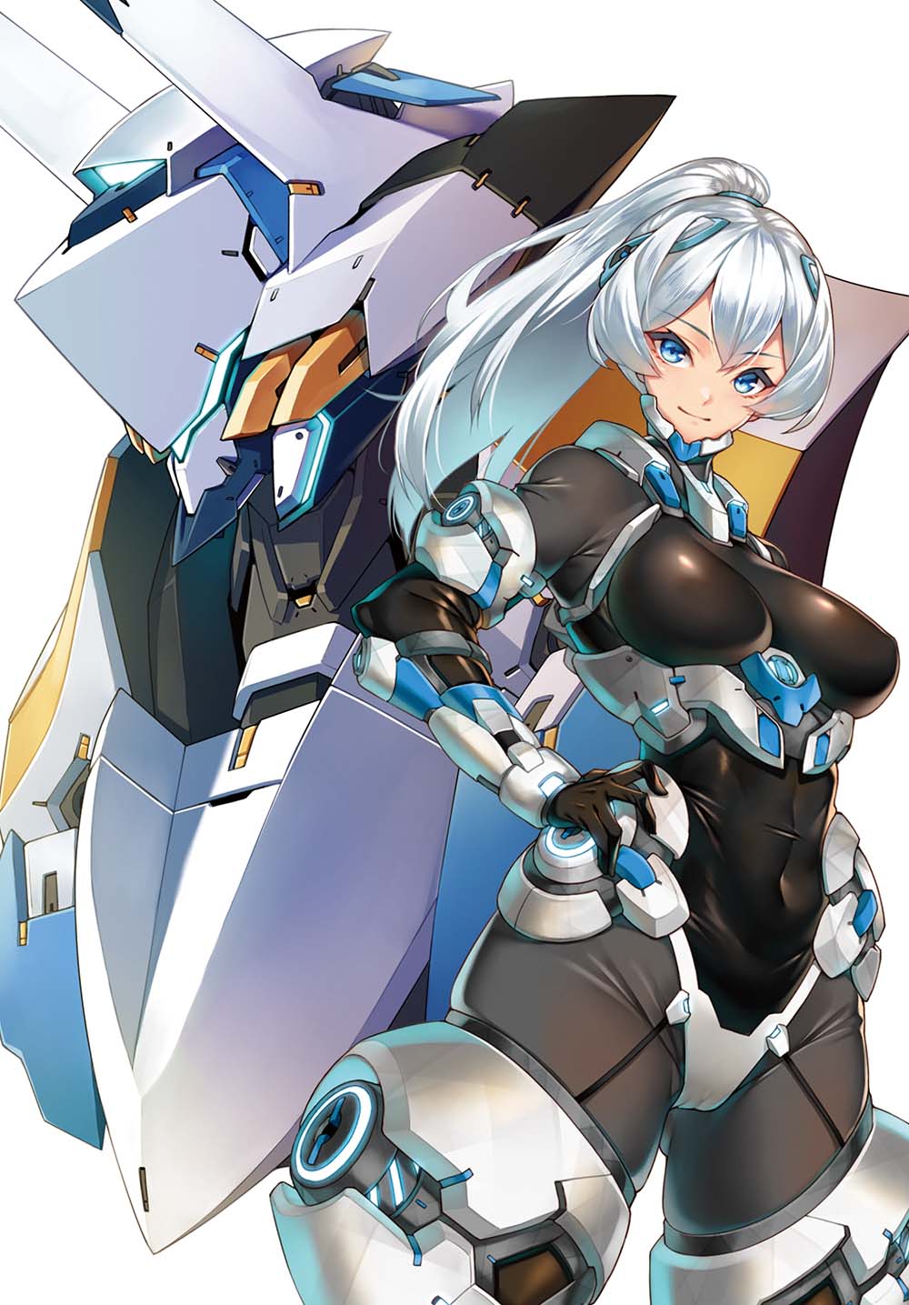 1girl, albireo_scramble, blue_eyes, breasts, cover, cover_page, covered_navel, hand_on_hip