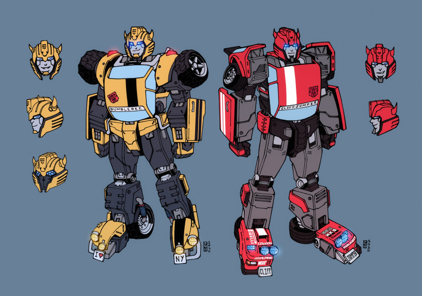 2boys, absurdres, autobot, blue_background, bumblebee, character_name, clenched_hands, cliffjumper, english_commentary, glowing, glowing_eyes, highres, horns, i_heart..., insignia, lextodrawstuff, multiple_boys, multiple_views, no_humans, redesign, standing, transformers