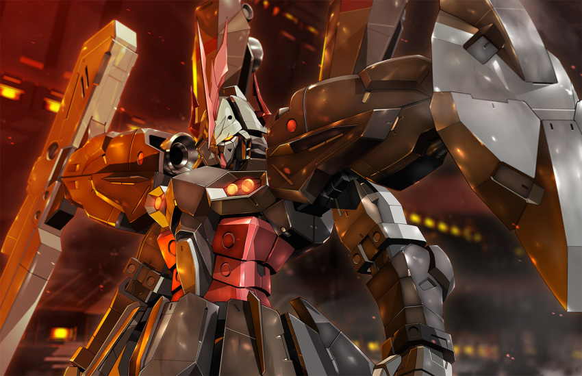 close-up, commentary, glowing, glowing_eyes, gundam, gundam_wing, gundam_wing_dual_story:_g-unit, horns