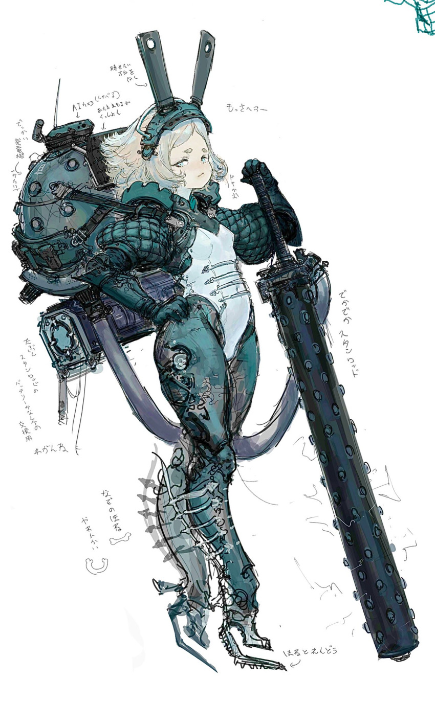 1girl, armor, backpack, bag, blue_eyes, club, highres, holding