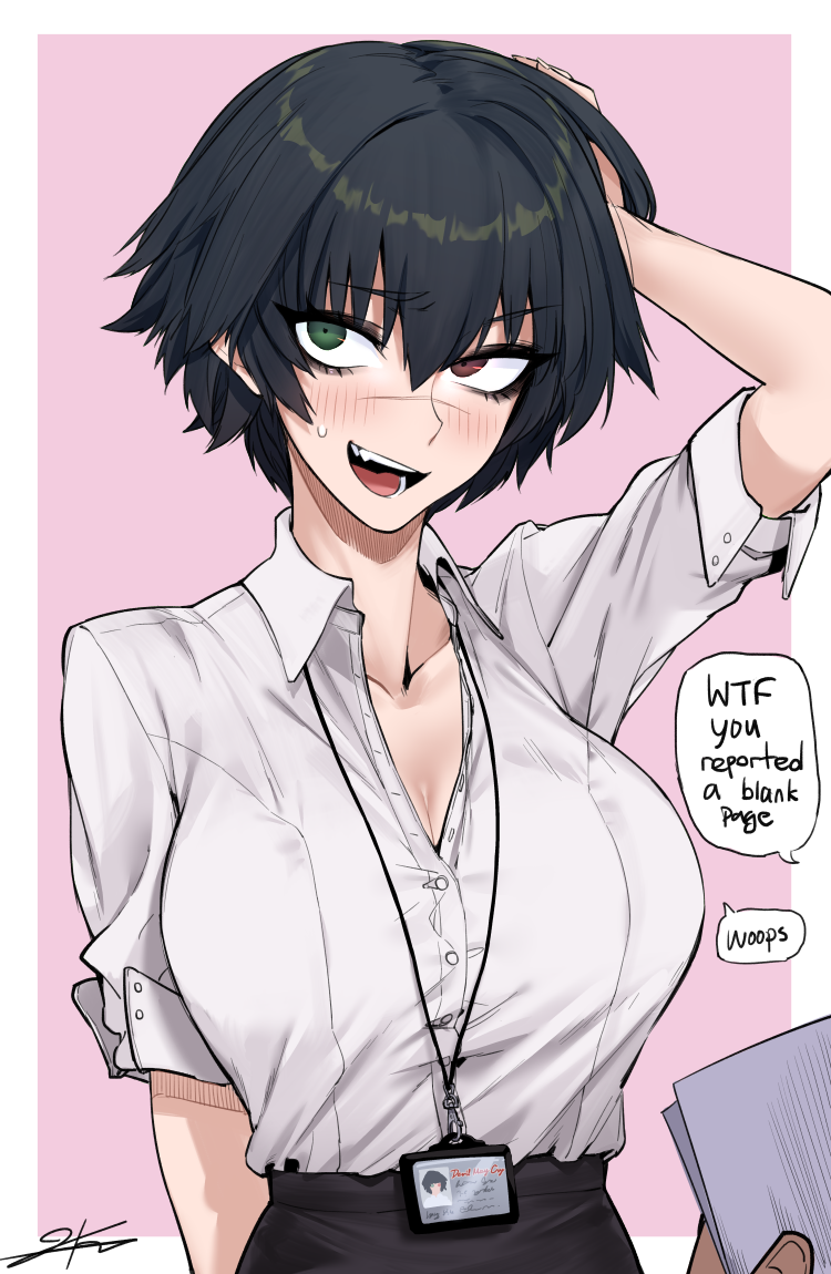 1girl, adjusting_hair, bangs, black_hair, black_skirt, blush, border, collared_shirt