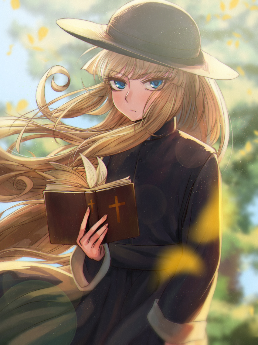 1girl, bangs, bible, black_dress, black_headwear, blonde_hair, blue_eyes, blurry
