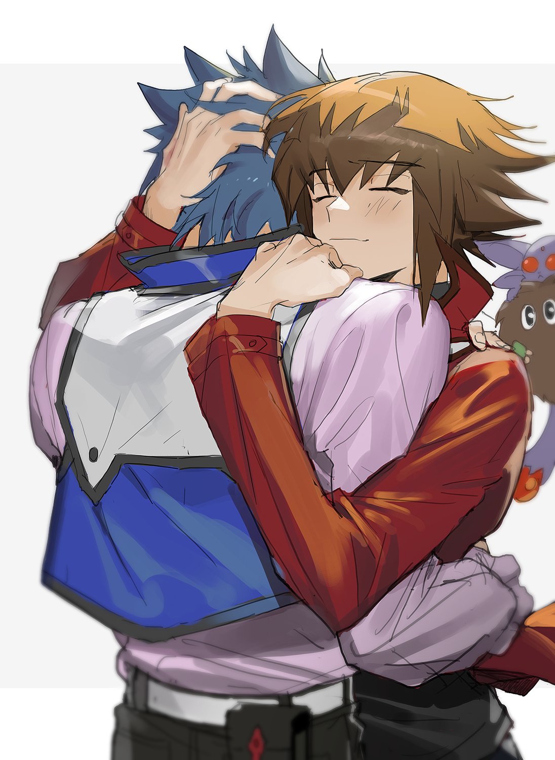 2boys, bishounen, blue_hair, brown_hair, closed_eyes, crystal_beast_ruby_carbuncle, duel_academy_uniform_(yuu-gi-ou_gx), hand_in_another's_hair, highres, hug, jacket, johan_andersen, long_hair, multicolored_hair, multiple_boys, red_jacket, shirt, simple_background, soo_joop, standing, two-tone_hair, white_background, white_shirt, winged_kuriboh, yaoi, yuu-gi-ou, yuu-gi-ou_gx, yuuki_juudai