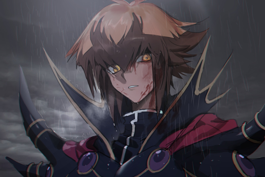 1boy, absurdres, bangs, blood, blood_on_face, brown_hair, clouds, cloudy_sky