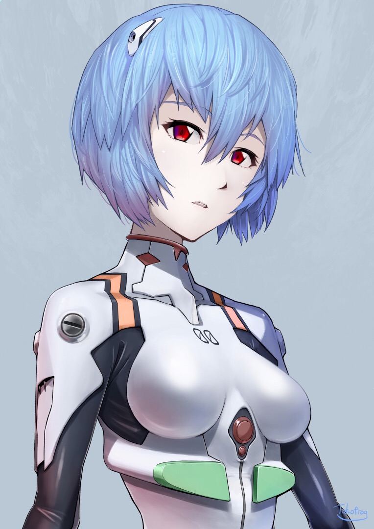 1girl, ayanami_rei, bangs, blue_hair, bodysuit, breasts, breasts_apart, grey_background