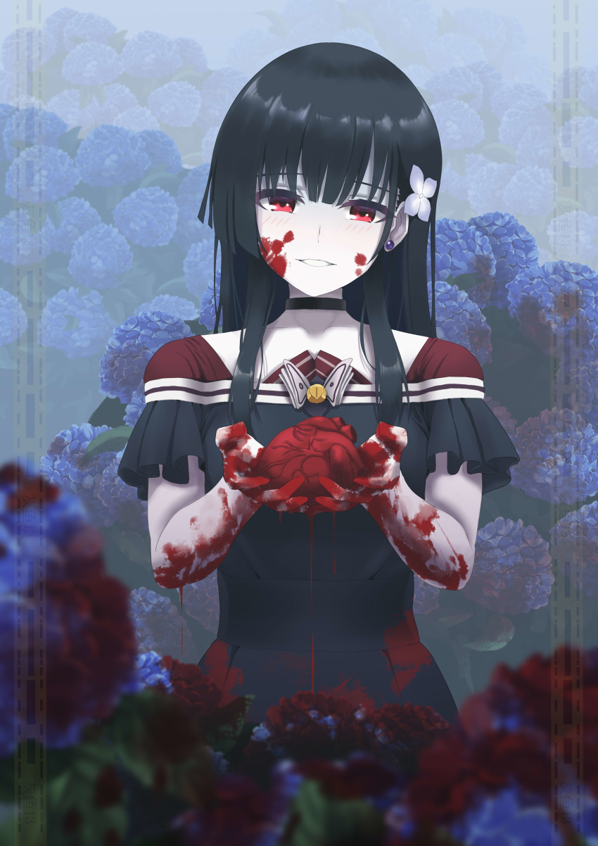 1girl, absurdres, bangs, black_choker, black_dress, black_hair, blood, blood_on_face, blue_flower, choker, collarbone, dress, flower, greyfish13, grin, hair_ornament, head_tilt, heart_(organ), highres, holding, hydrangea, long_hair, looking_at_viewer, outdoors, rain, red_eyes, sanka_rea, sankarea, shiny, shiny_hair, short_sleeves, smile, solo