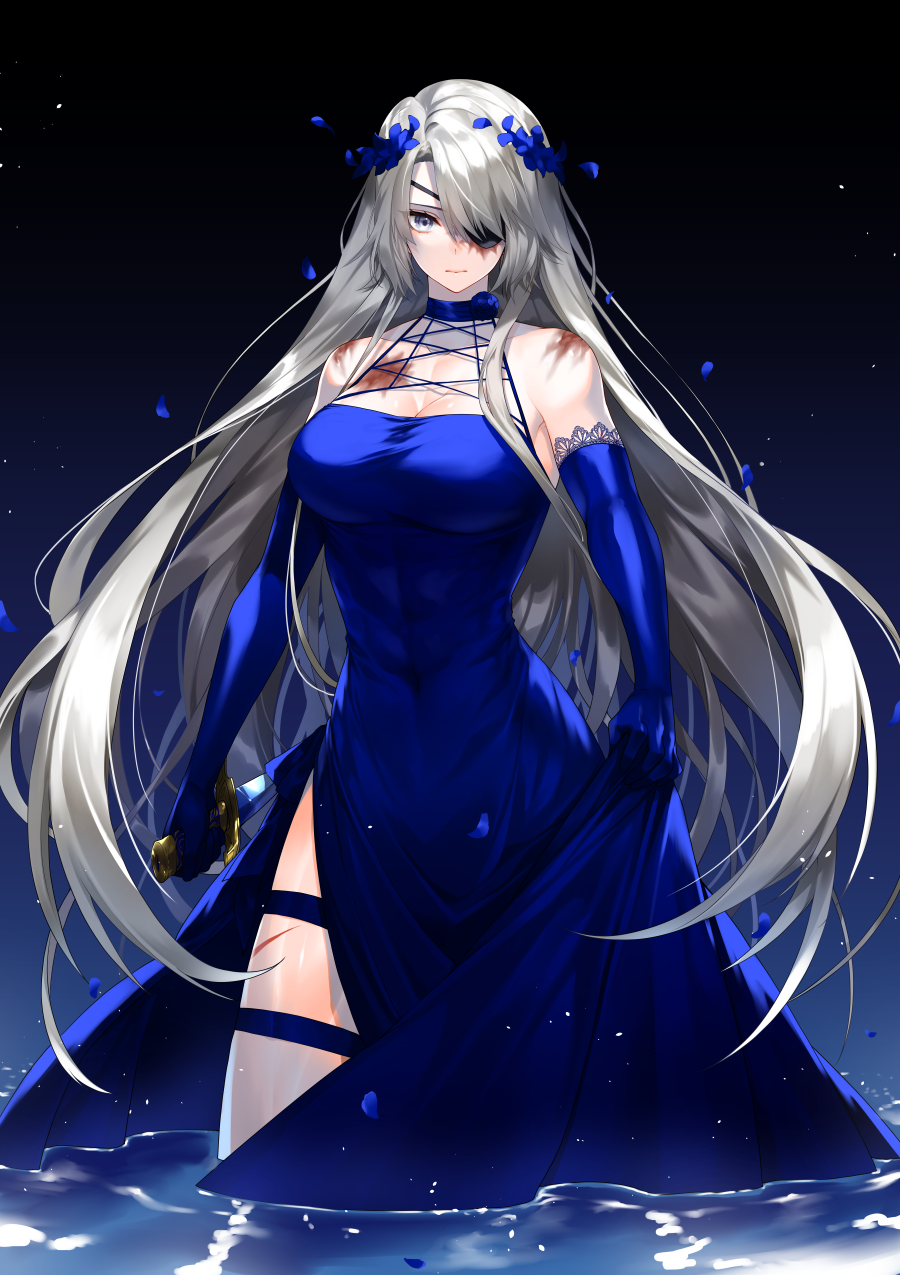 1girl, abs, bangs, bare_shoulders, blue_dress, breasts, burn_scar, choker