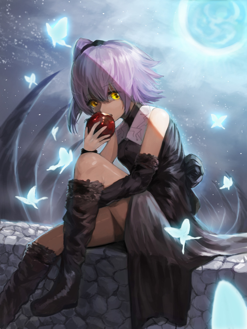 apple, bare_shoulders, black_dress, boots, bug, butterfly, demon_girl, dress, eating, food, fruit, hair_between_eyes, hair_ornament, hair_scrunchie, highres, insect, link_(eggworking), looking_at_viewer, purple_hair, scrunchie, short_hair, sitting, solo, tensei_shitara_slime_datta_ken, thighs, ultima_(tensei_shitara_slime_datta_ken), yellow_eyes