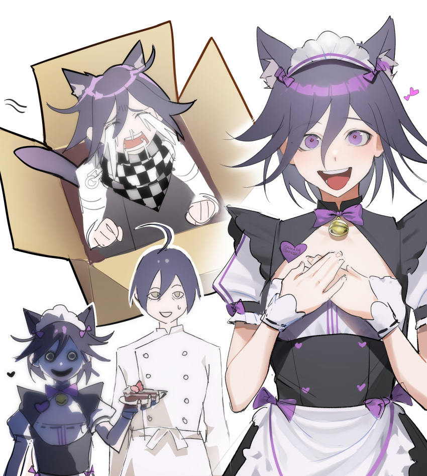 2boys, absurdres, ahoge, alternate_costume, animal_ears, apron, bangs, black_hair