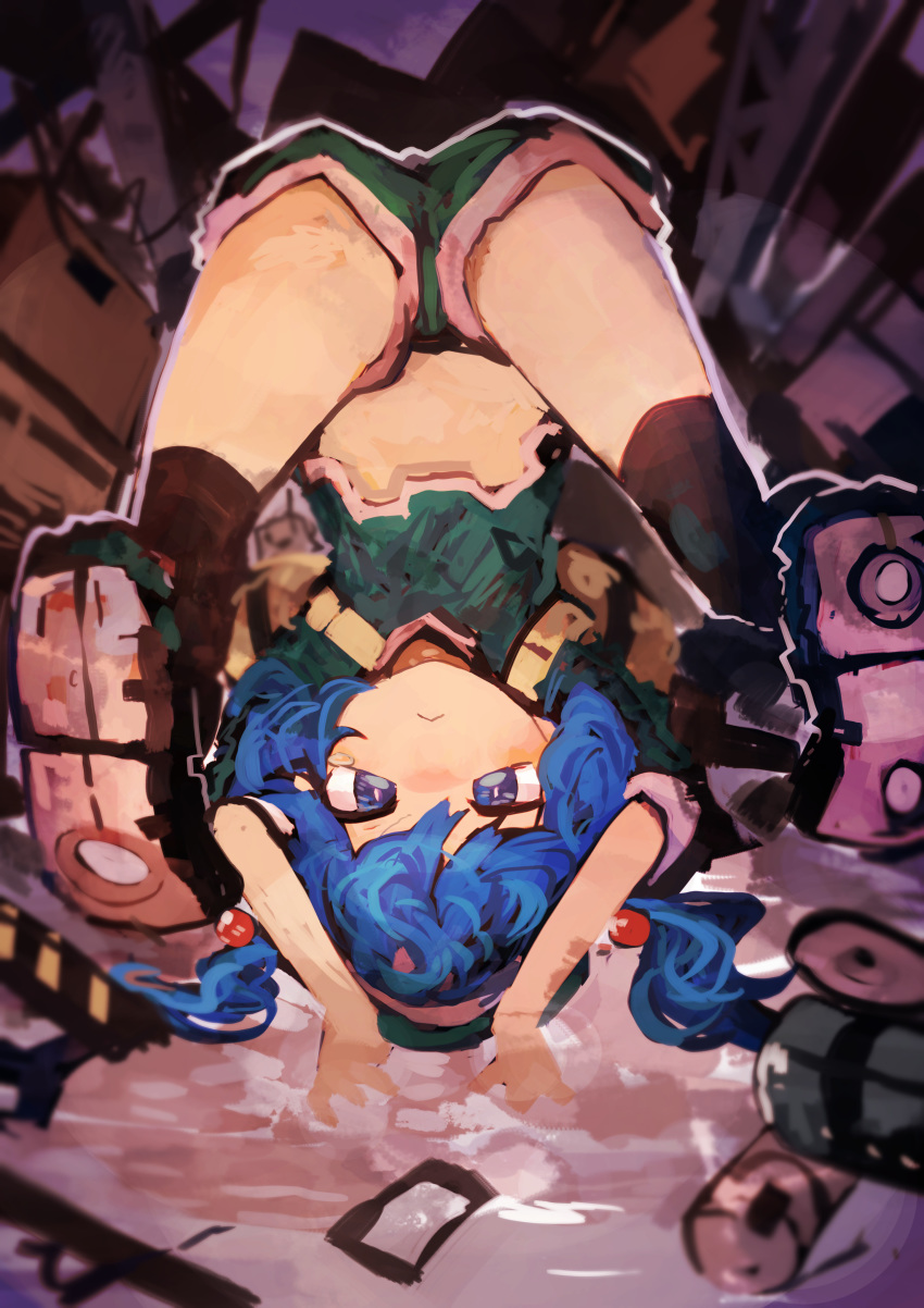 1girl, absurdres, black_legwear, blue_eyes, blue_hair, commentary_request, frown, full_body