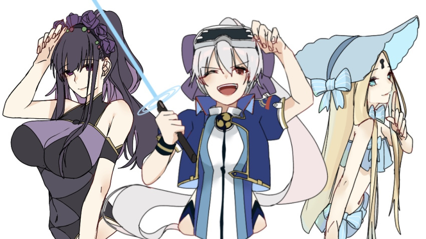 3girls, abigail_williams_(fate/grand_order), abigail_williams_(swimsuit_foreigner)_(fate), anmochi_mochi, bangs, bare_shoulders, bikini, black_swimsuit