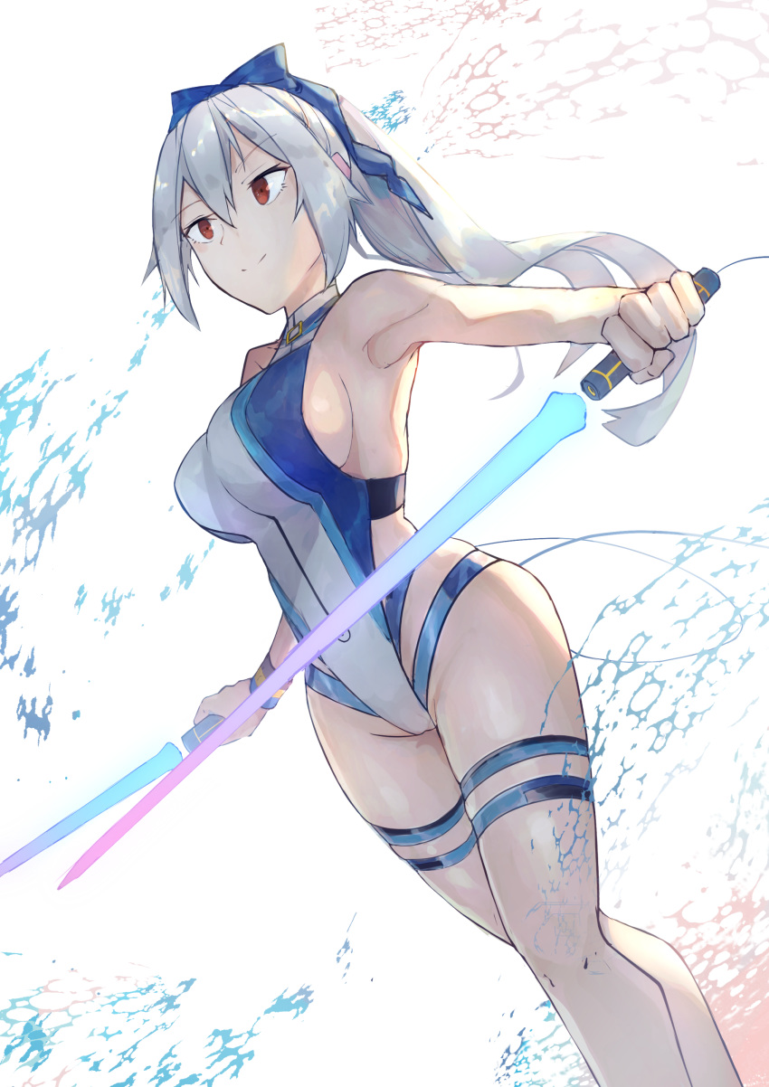 1girl, absurdres, bangs, blue_bow, blue_swimsuit, bow, breasts, closed_mouth
