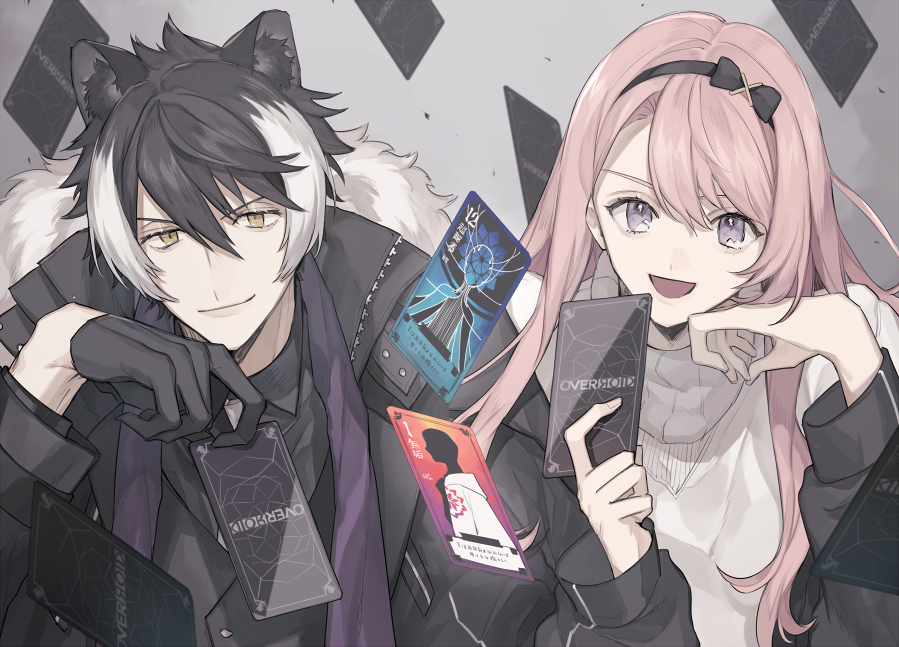 2boys, :d, black_bow, black_coat, black_gloves, black_hair, black_jacket, bow, card, closed_mouth, coat, commentary_request, gloves, hair_between_eyes, hair_bow, hairband, holding, holding_card, holostars, jackal_tail, jacket, kageyama_shien, long_hair, looking_at_viewer, male_focus, multicolored_hair, multiple_boys, nr_hlst, open_mouth, overroid, pink_hair, purple_scarf, scarf, short_hair, sidelocks, smile, streaked_hair, sweater, tsukishita_kaoru, turtleneck, upper_body, violet_eyes, virtual_youtuber, white_hair, yellow_eyes